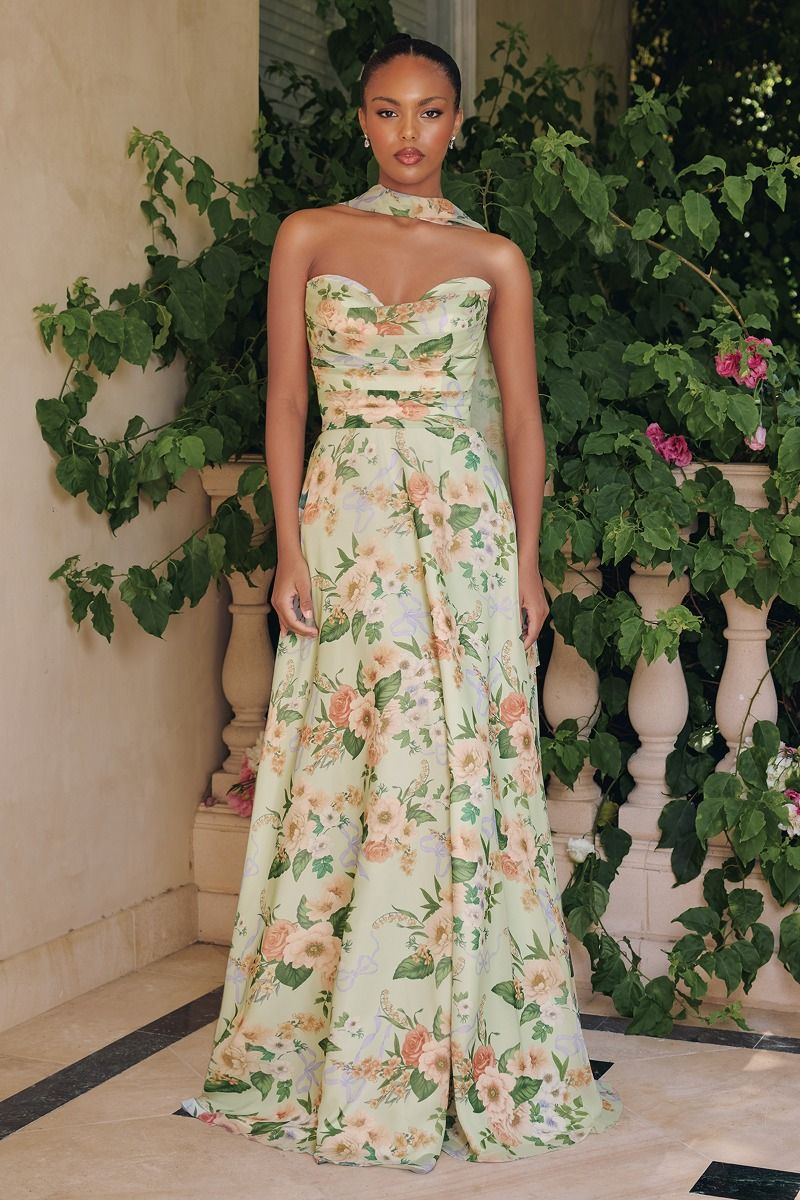 Floral Chiffon A-Line Gown with Detachable Scarf (T717)