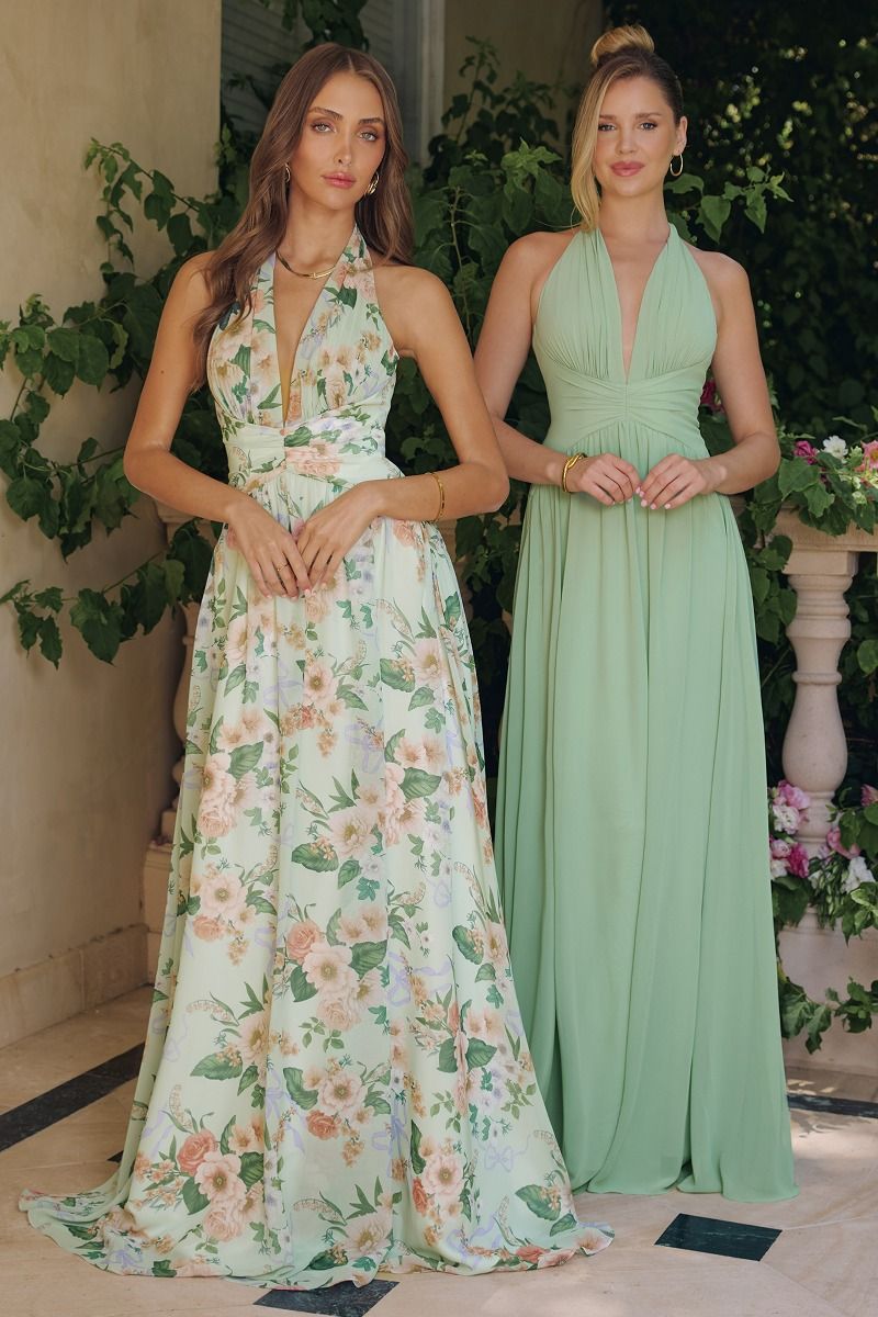 Floral Chiffon Halter A-Line Gown with Ruched Waist (T719)