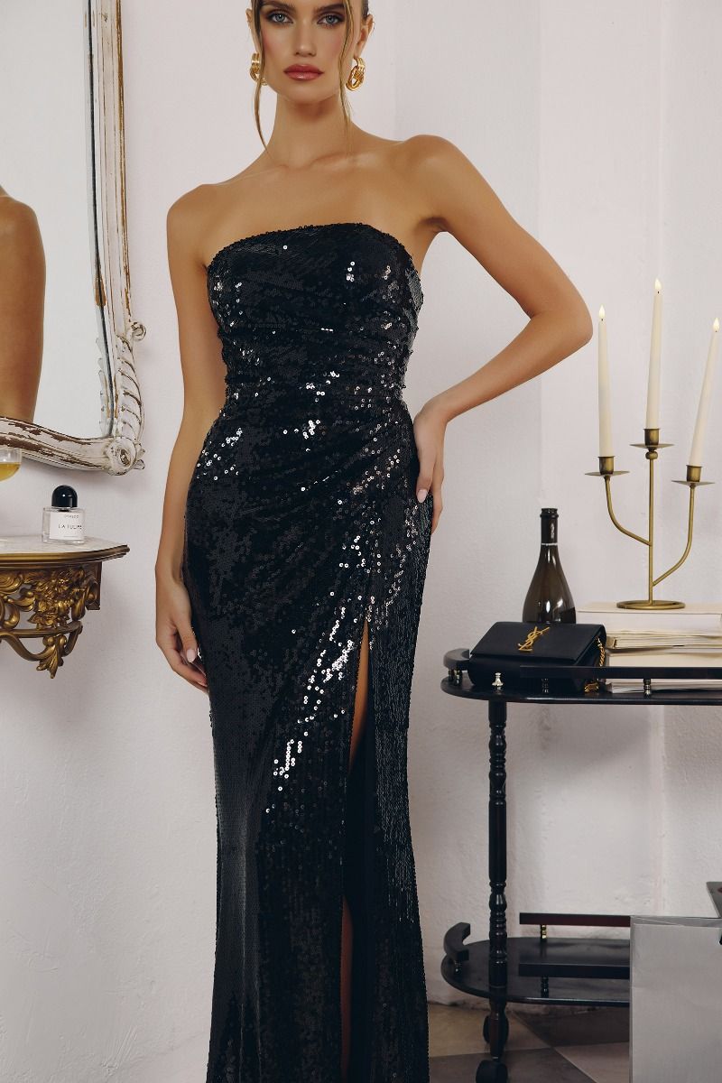 Strapless Sequin Gown with Draped Waist (T724)