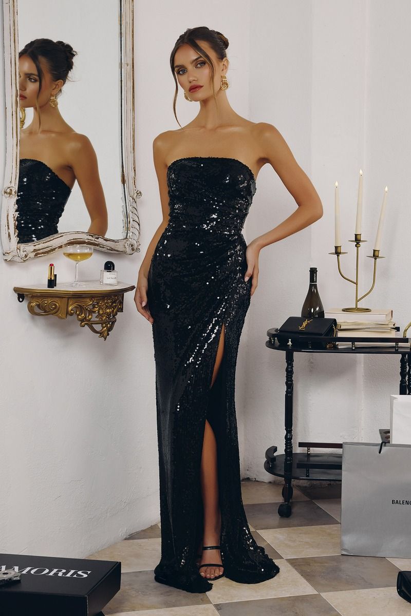 Strapless Sequin Gown with Draped Waist (T724)