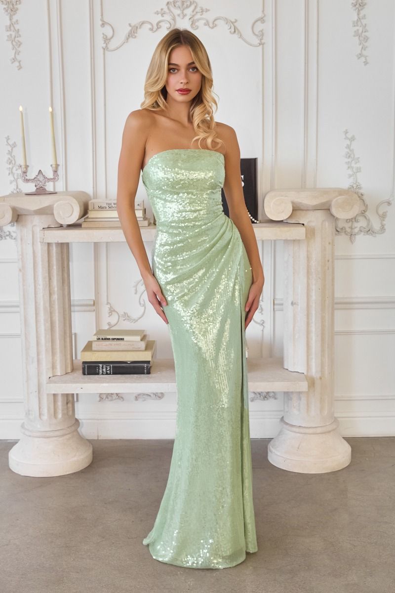 Strapless Sequin Gown with Draped Waist (T724)