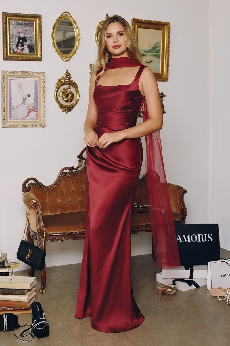 Draped Neckline Satin Corset Gown with Removable Sheer Scarf (T729)
