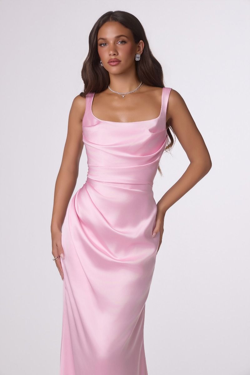 Draped Neckline Satin Corset Gown with Removable Sheer Scarf (T729)