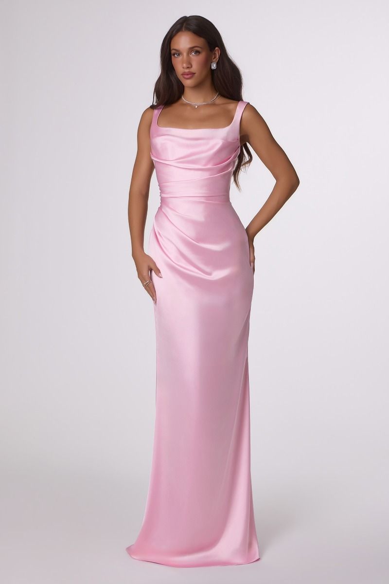 Draped Neckline Satin Corset Gown with Removable Sheer Scarf (T729)