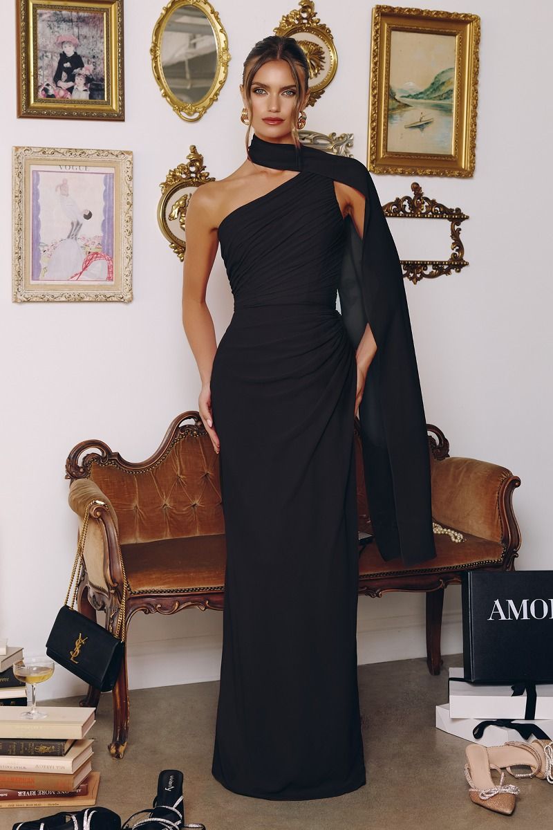 One-Shoulder Ruched Chiffon Column Gown with Draped Shoulder Panel (T730)