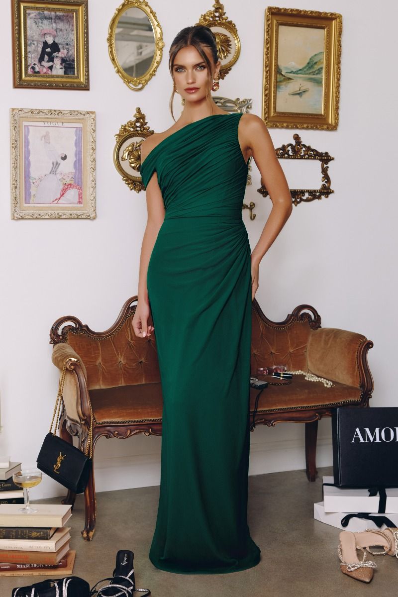 One-Shoulder Ruched Chiffon Column Gown with Draped Shoulder Panel (T730)