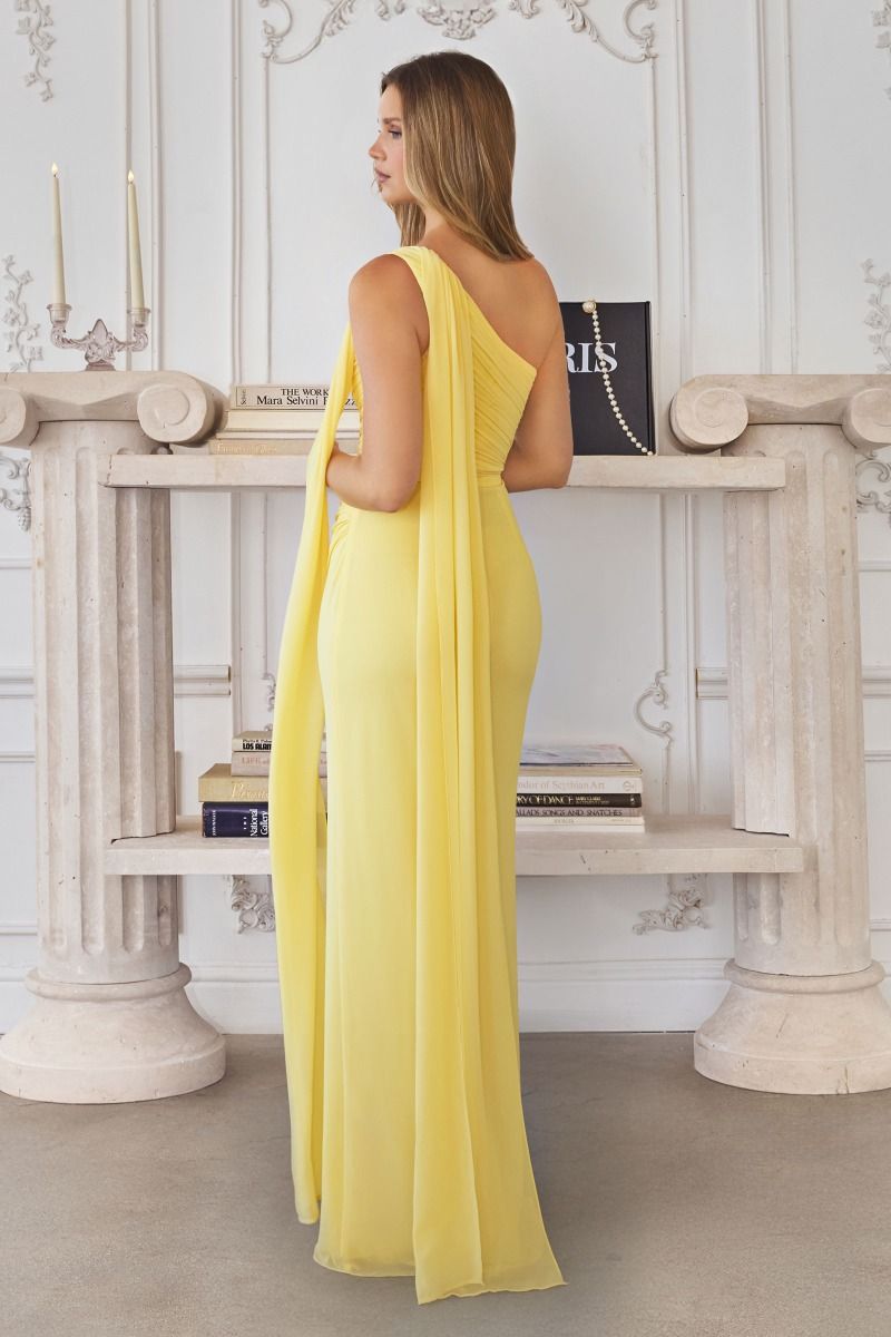 One-Shoulder Ruched Chiffon Column Gown with Draped Shoulder Panel (T730)