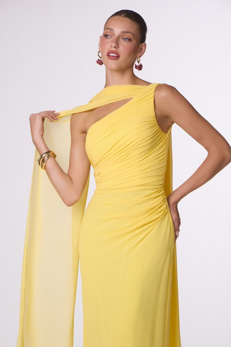 One-Shoulder Ruched Chiffon Column Gown with Draped Shoulder Panel (T730)