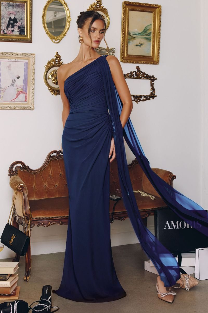 One-Shoulder Ruched Chiffon Column Gown with Draped Shoulder Panel (T730)