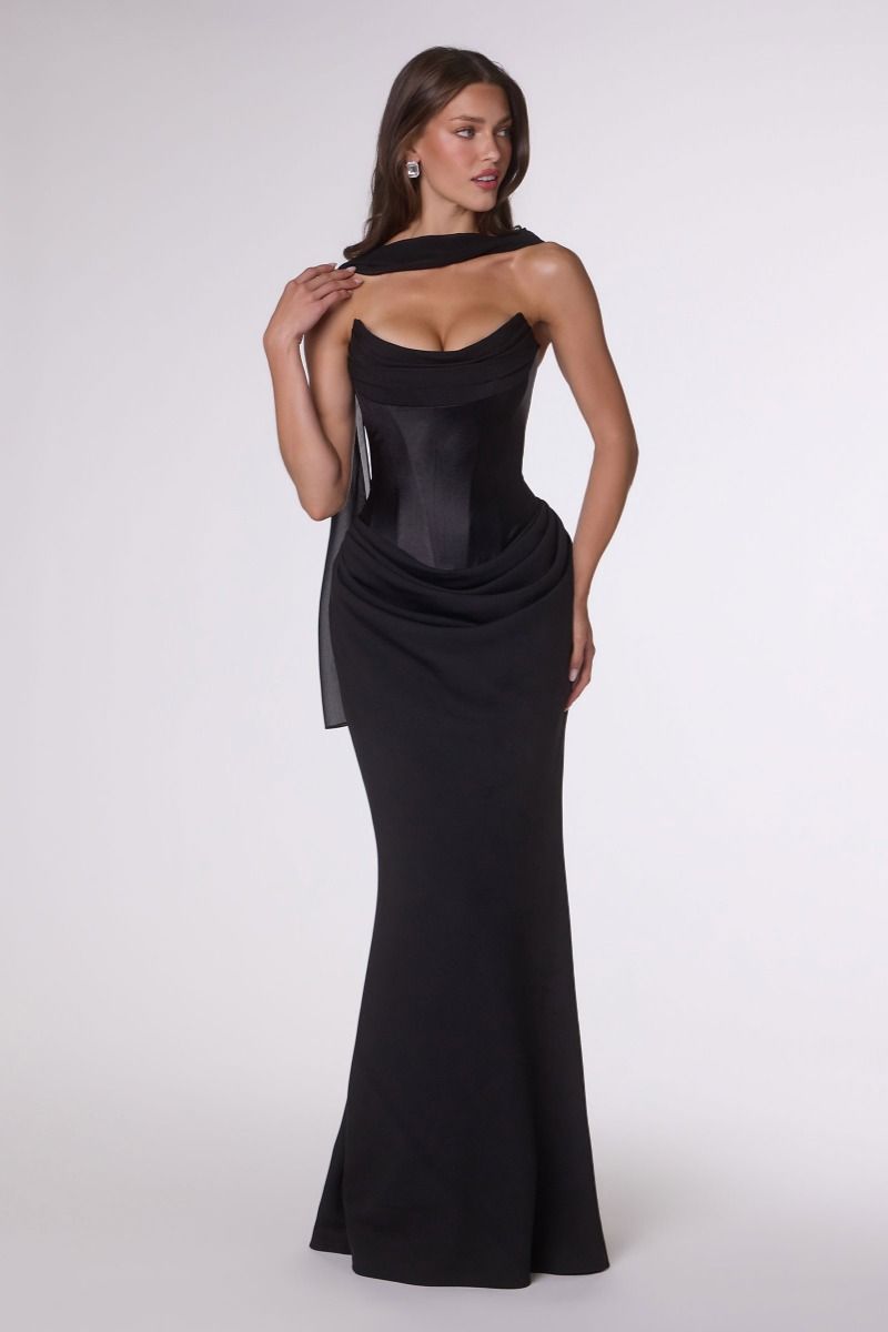 Draped Satin and Crepe Gown with Chiffon Scarf (T732)