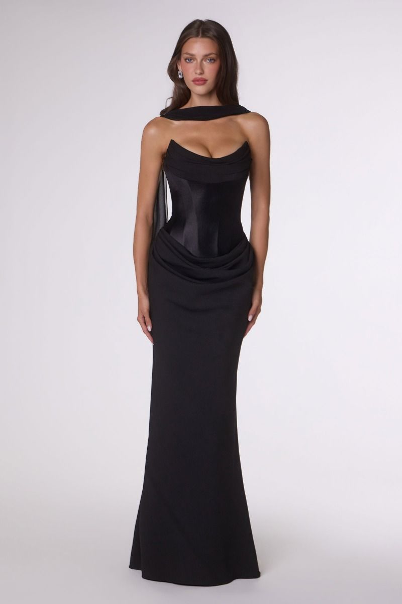 Draped Satin and Crepe Gown with Chiffon Scarf (T732)