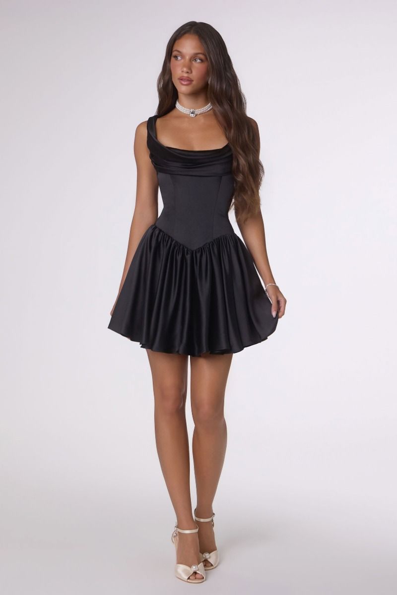 Draped Satin Corset Mini Dress with Gathered Skirt (T735)