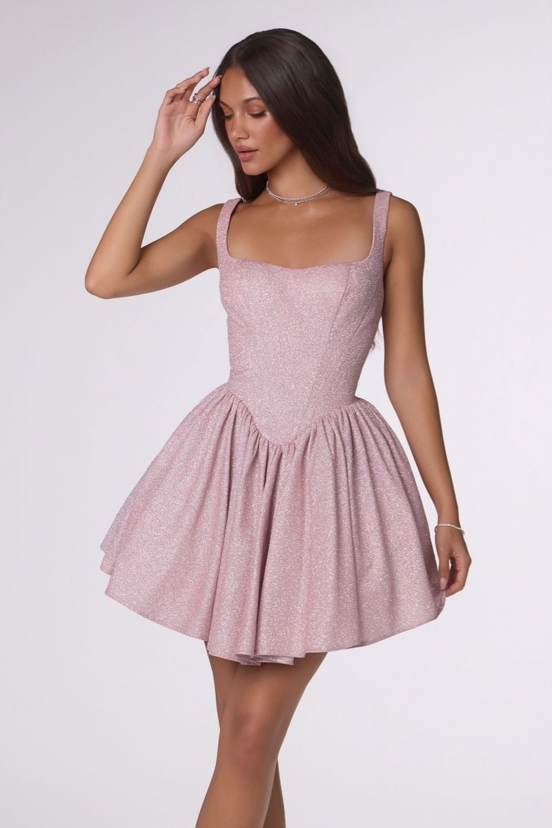 Square-Neck Shimmer Fit-and-Flare Mini Dress with Lace-Up Back (T738)