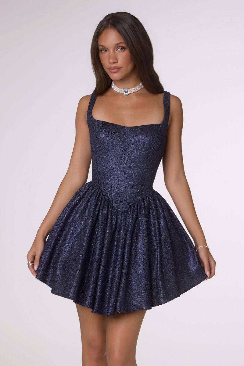 Square-Neck Shimmer Fit-and-Flare Mini Dress with Lace-Up Back (T738)