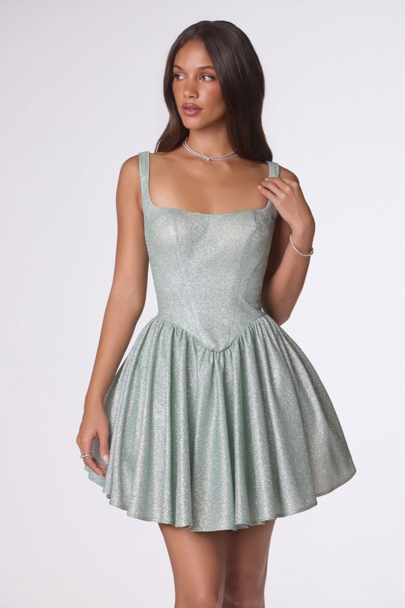 Square-Neck Shimmer Fit-and-Flare Mini Dress with Lace-Up Back (T738)