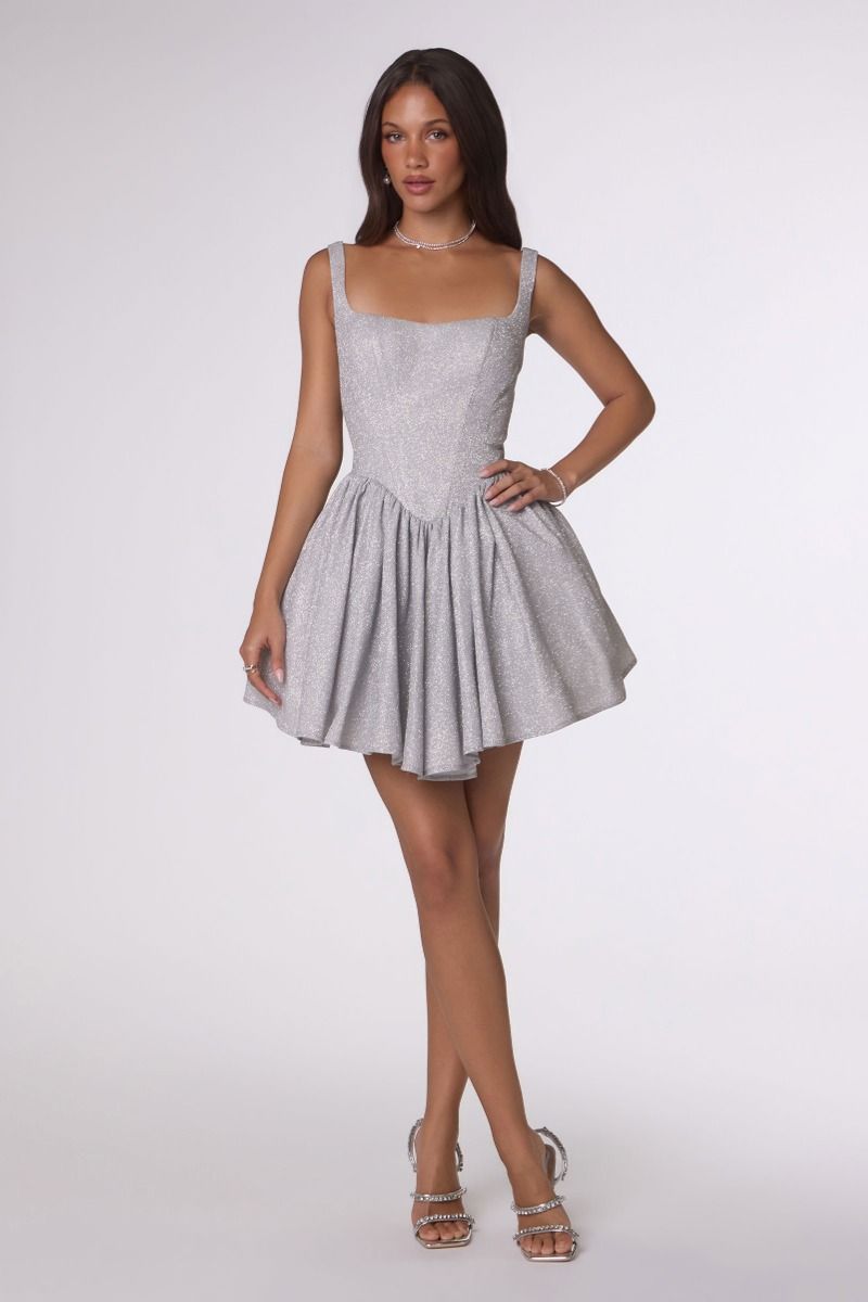 Square-Neck Shimmer Fit-and-Flare Mini Dress with Lace-Up Back (T738)