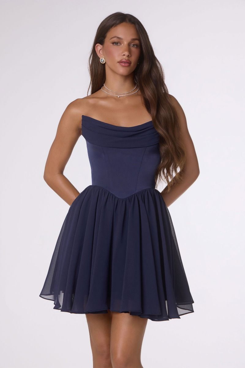 Satin and Chiffon Fit-and-Flare Mini Dress with Matching Neck Scarf (T740)