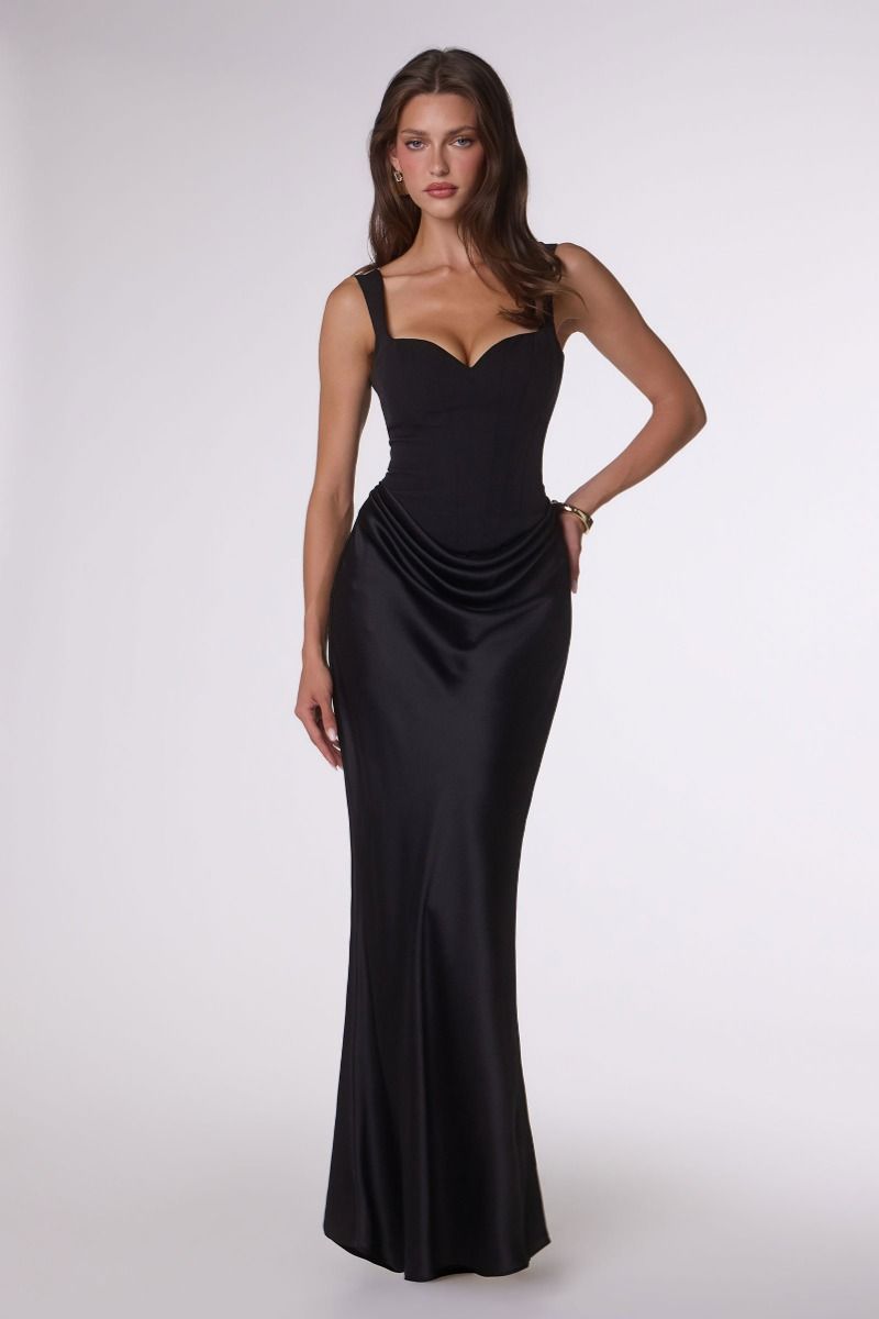 Crepe Bodice Fitted Gown with Draped Satin Skirt and Lace-Up Back (T742)