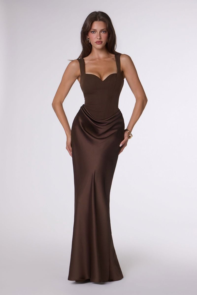 Crepe Bodice Fitted Gown with Draped Satin Skirt and Lace-Up Back (T742)