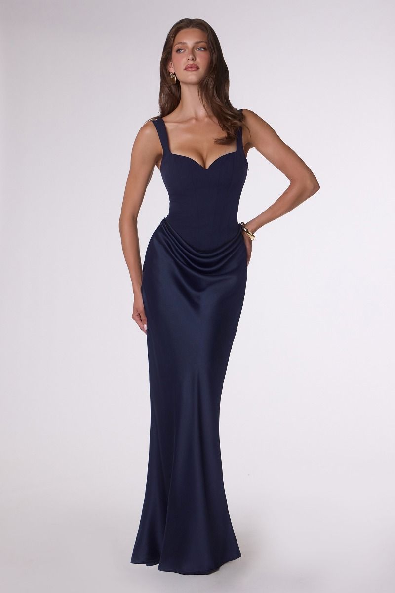 Crepe Bodice Fitted Gown with Draped Satin Skirt and Lace-Up Back (T742)