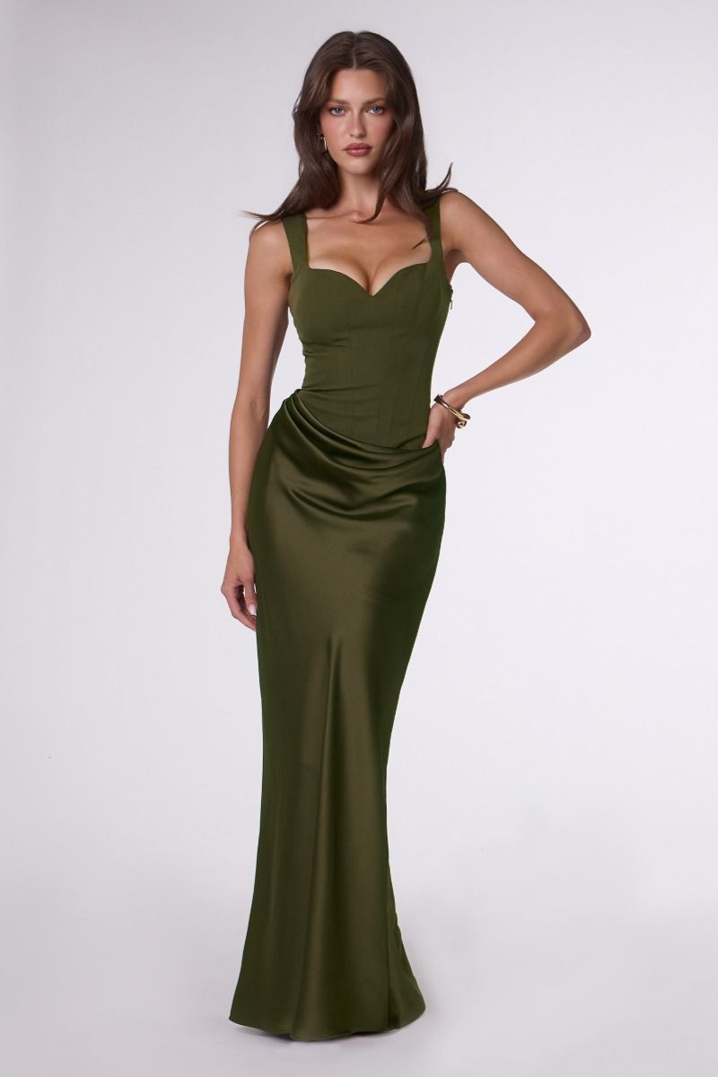 Crepe Bodice Fitted Gown with Draped Satin Skirt and Lace-Up Back (T742)
