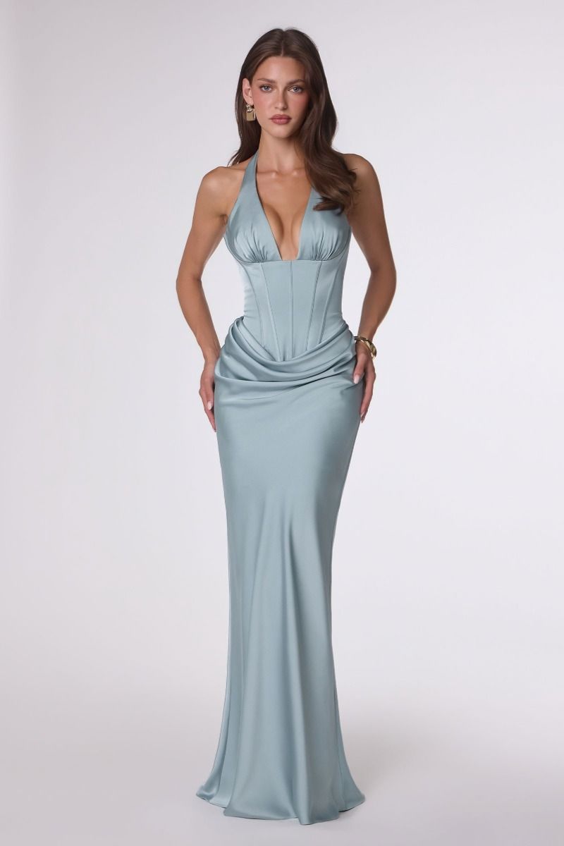 Plunging Halter Satin Corset Gown with Draped Skirt (T743)
