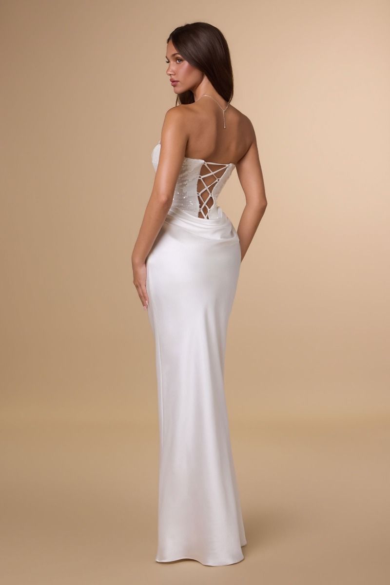 Strapless Sequin Bodice Gown with Draped Satin Skirt (T744W)