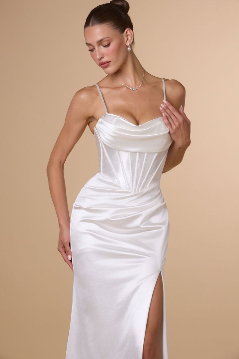 Draped Sweetheart Stretch Satin Gown with Lace-Up Back and High Slit (T815W)