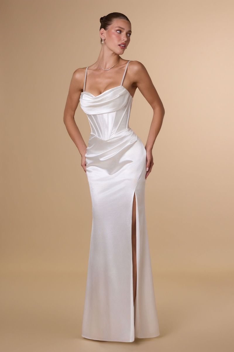 Draped Sweetheart Stretch Satin Gown with Lace-Up Back and High Slit (T815W)