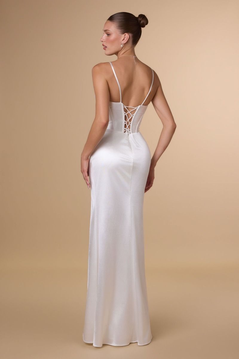 Draped Sweetheart Stretch Satin Gown with Lace-Up Back and High Slit (T815W)