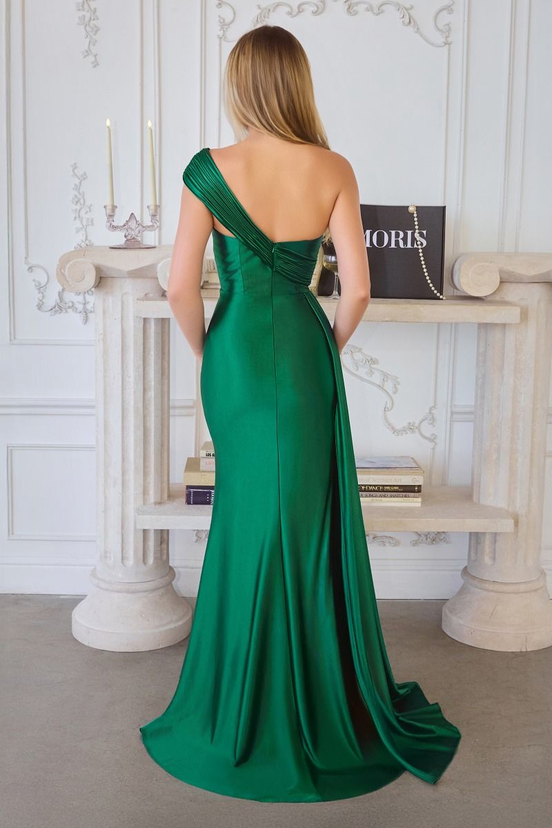 One-Shoulder Pleated Stretch Satin Mermaid Gown with Thigh-High Slit (T817)