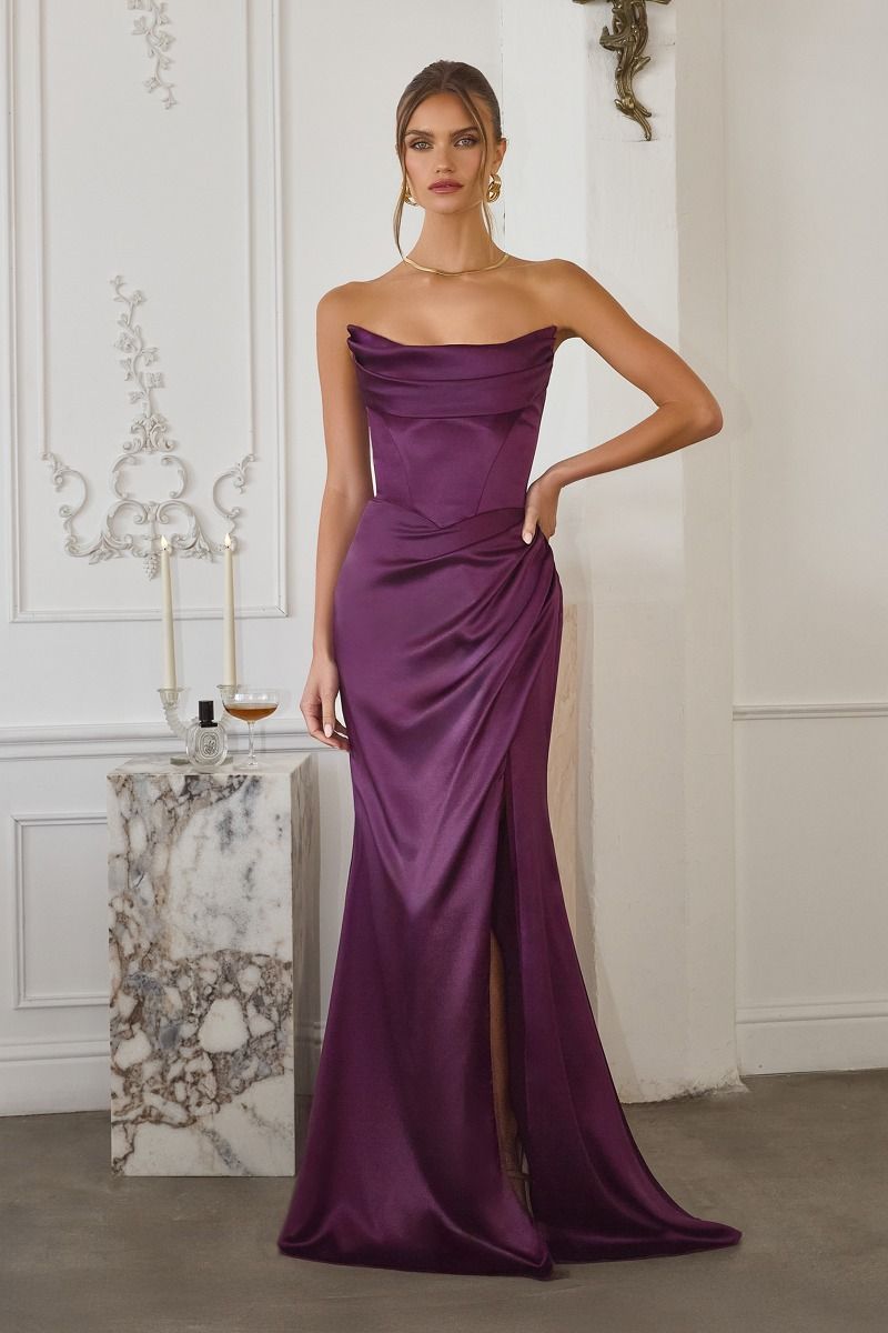 Draped Stretch Satin Gown with Removable Straps and High Slit (T820)