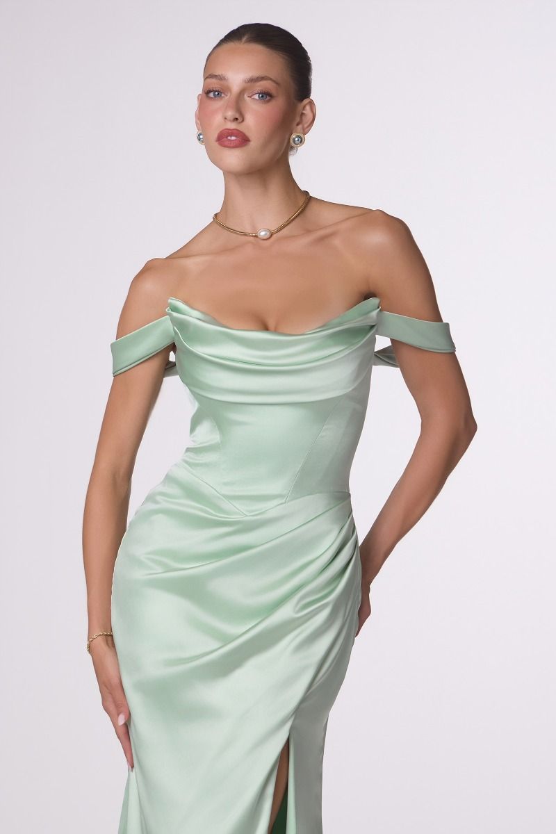 Draped Stretch Satin Gown with Removable Straps and High Slit (T820)