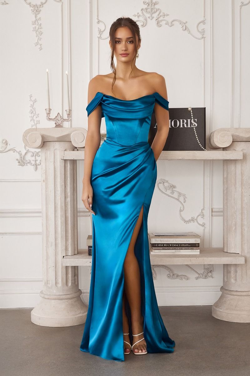 Draped Stretch Satin Gown with Removable Straps and High Slit (T820)
