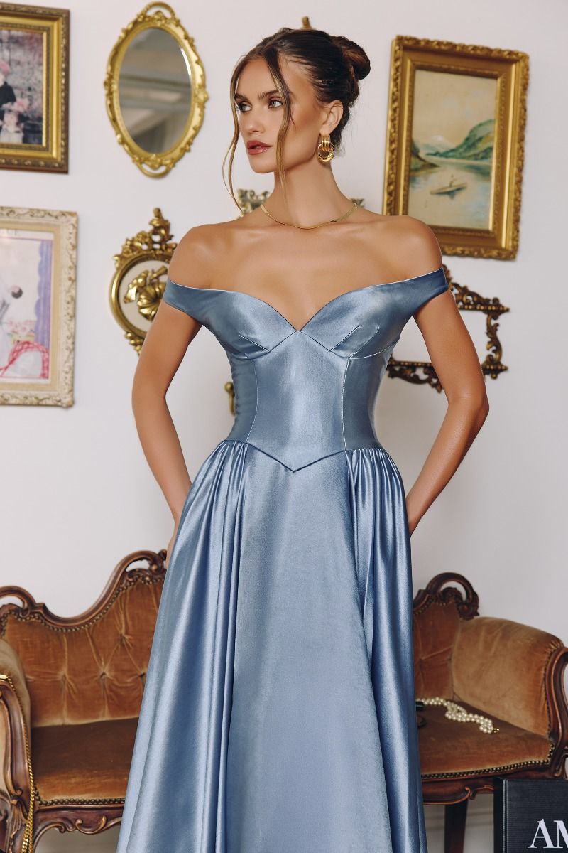 Off-the-Shoulder Satin A-Line Gown with Sculpted Bodice (T821)