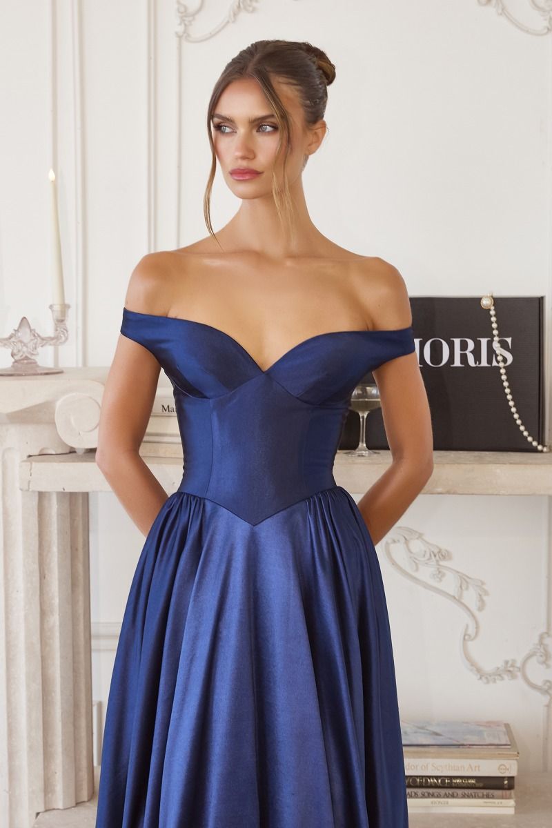 Off-the-Shoulder Satin A-Line Gown with Sculpted Bodice (T821)