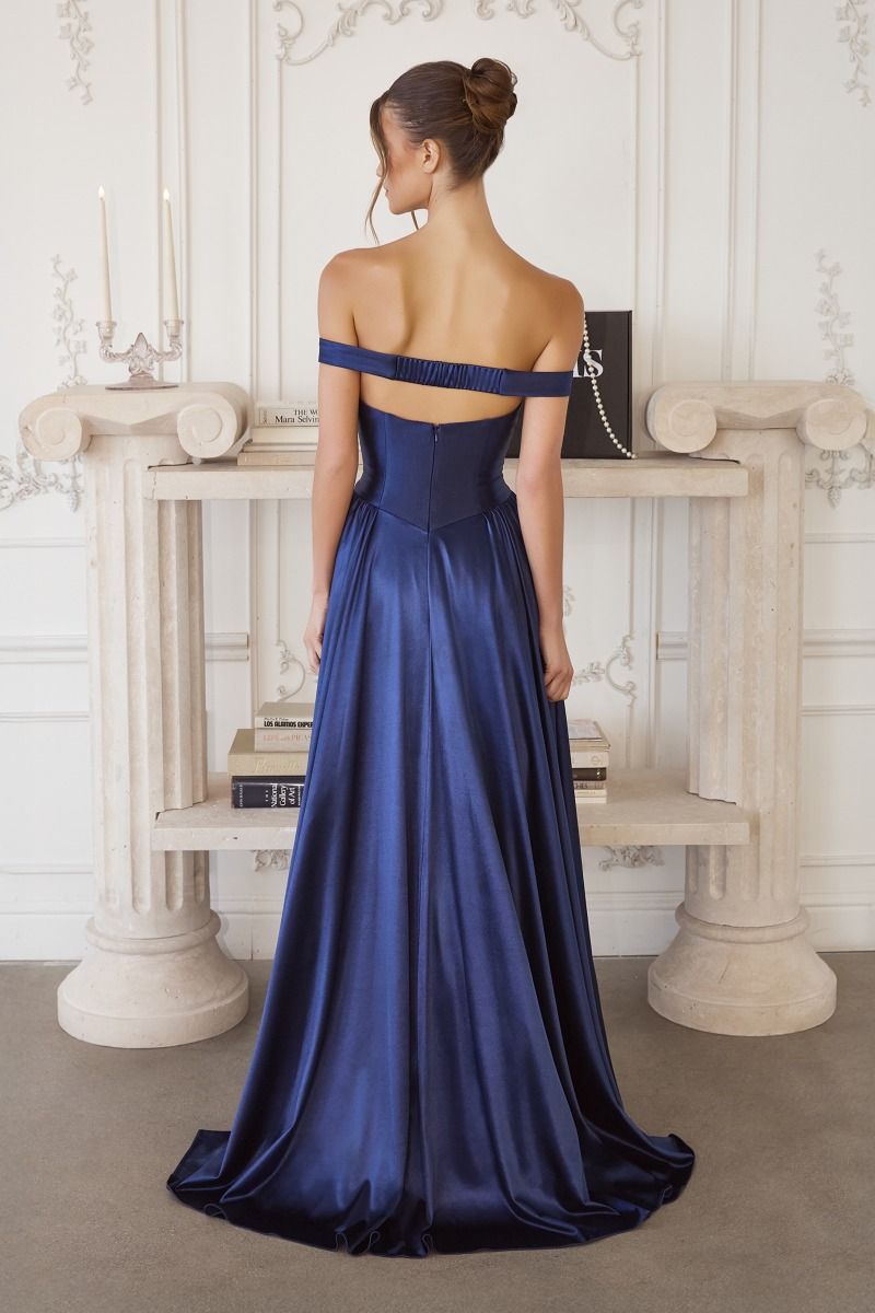 Off-the-Shoulder Satin A-Line Gown with Sculpted Bodice (T821)