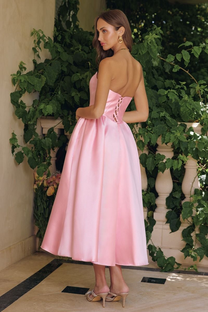 Strapless Mikado Fit-and-Flare Midi Dress with Lace-Up Back (T822)
