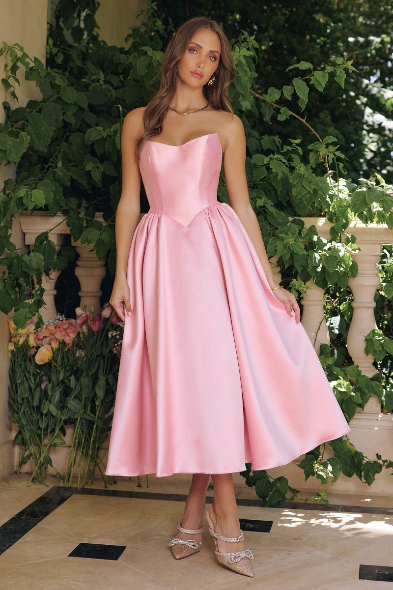 Strapless Mikado Fit-and-Flare Midi Dress with Lace-Up Back (T822)