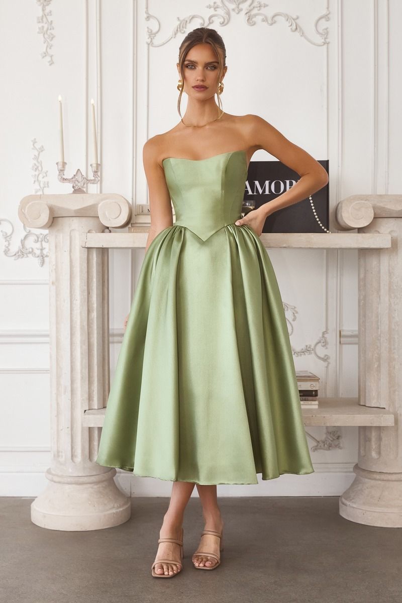 Strapless Mikado Fit-and-Flare Midi Dress with Lace-Up Back (T822)